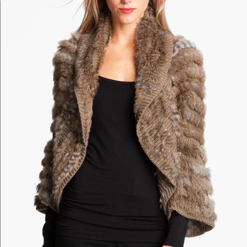 ALBERTO MAKALI Knit & Genuine Rabbit Fur Shrug